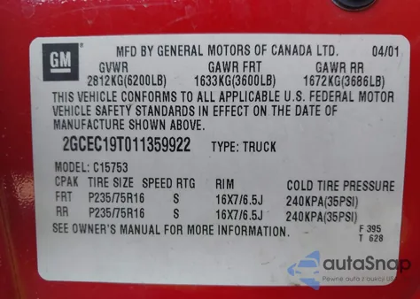 2001 Chevrolet Silverado 1500 Ls from USA, damaged, VIN 2GCEC19T011359922